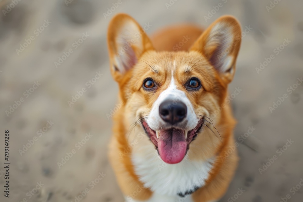 A happy corgi dog looking up at the camera