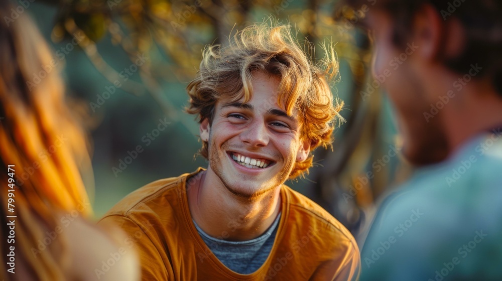 Portrait of a happy young man with blond hair and a beard smiling outdoors