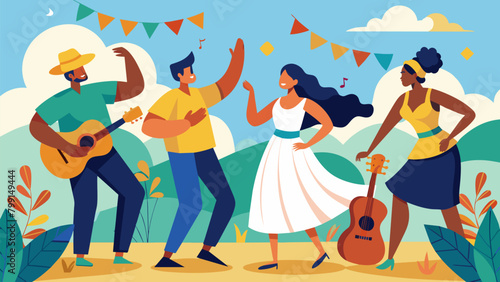 Local musicians play lively tunes as people dance and socialize in the garden. The atmosphere is filled with joy and celebration a reflection of the. Vector illustration