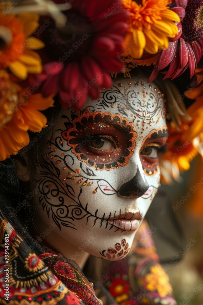 A young woman with a traditional Mexican sugar skull face paint.