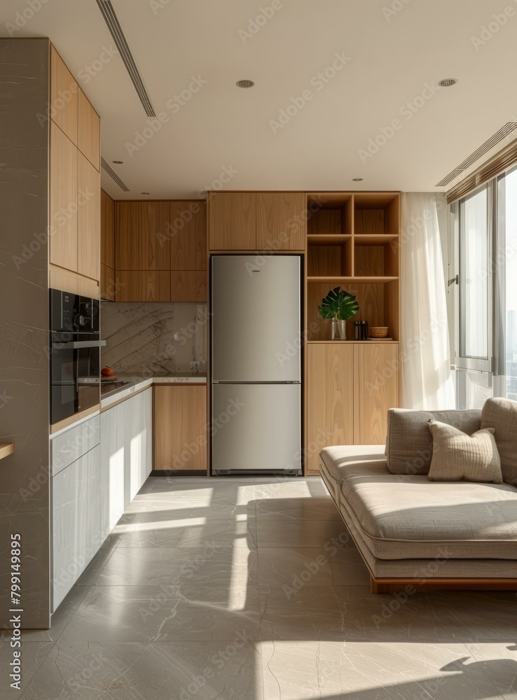 An open-concept kitchen with wood cabinets and a marble countertop An open-concept kitchen with wood cabinets and a marble countertop