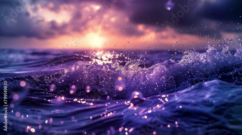 A photo of a close up of ocean waves, dark blue and purple colors, bubbles in the water, sun rays shining through. © Ailee Tian