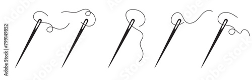 Set of needle with thread vector icons. Black silhouette with sewing needle. Vector illustration . Eps 10