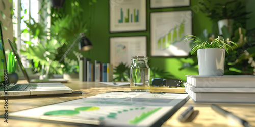 Close-up of a sustainability consultant's desk with environmental reports and green technology samples, showcasing a job in sustainability consulting
