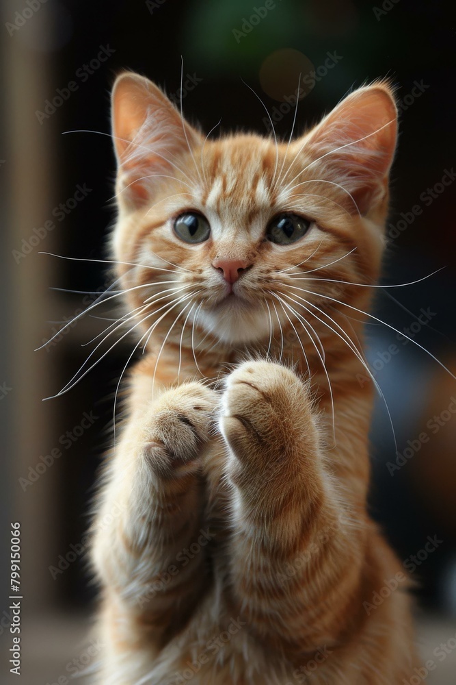 An orange kitten with its paws up in the air