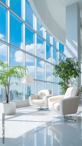 Office interior with large windows and city view