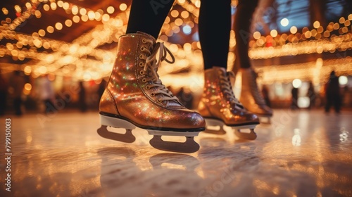 Two people ice skating on a rink with blurred lights in the background