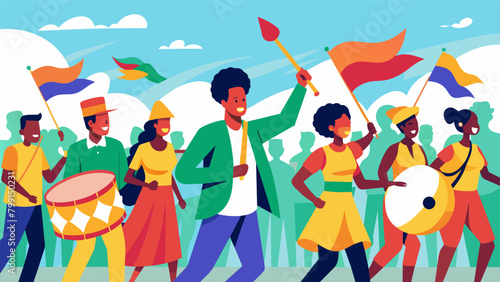 The vibrant sound of drums leading a procession of joyful individuals all united in their commemoration of Juneteenth.. Vector illustration