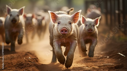 Piglets running in a field photo
