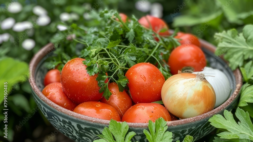 A bowl of fresh tomatoes and onions from the garden