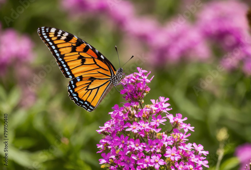 Native plant garden with focus on a colorful butterfly perching on a wildflower, blurred background. AI generated.
