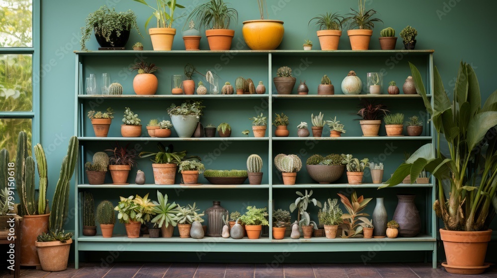 An Array of Potted Plants on Shelves Against a Green Wall