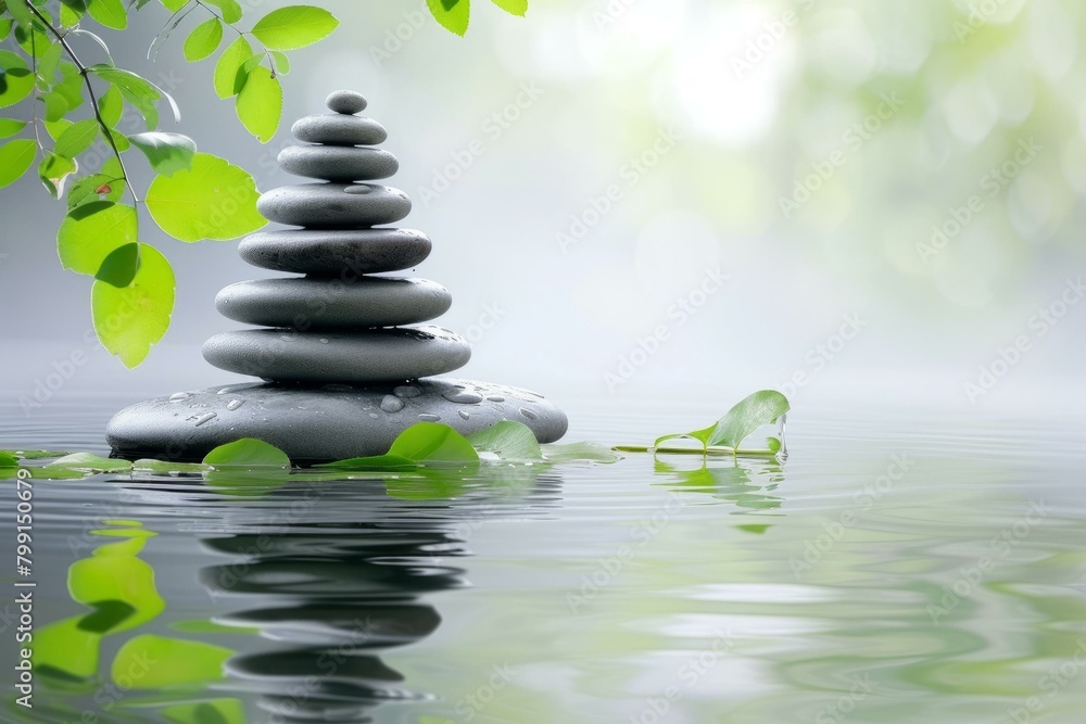 Pebbles stacked on each other with water and leaves in the background Pebbles stacked on each other with water and leaves in the background