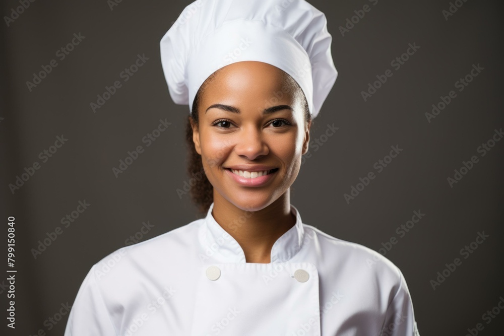 Portrait of a smiling female chef wearing a white toque Portrait of a smiling female chef wearing a white toque