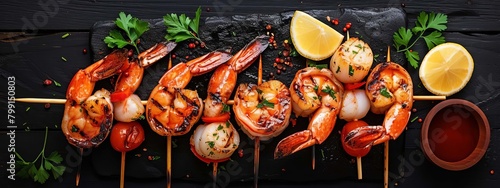 Shrimp skewers with herbs, garlic and lemon, Generative AI, © Milena