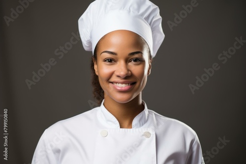 Portrait of a smiling female chef wearing a white toque