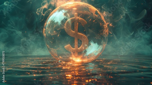 An investment bubble that causes financial crisis, an overvalued stock market or money inflation concept, businessman investor pumping air into a big floating balloon with a US Dollar money sign photo
