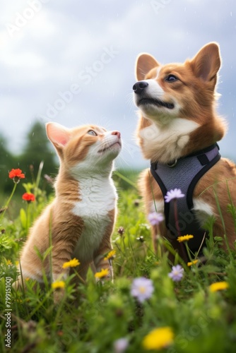 A ginger cat and a corgi looking up photo