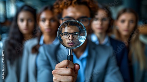Searching for the perfect candidate or job, Headhunting, choosing talent for job vacancies, Employer boss using magnifying glass during job interviews photo
