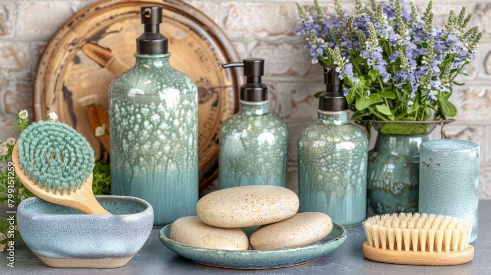 Natural handmade soap and shampoo bottles with wooden and ceramic accessories Natural handmade soap and shampoo bottles with wooden and ceramic accessories