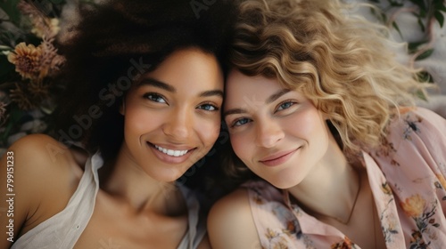 Two young women with different skin tones smiling at each other