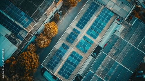 Aerial view of solar panels on factory roof. Blue shiny solar photo voltaic panels system product photo