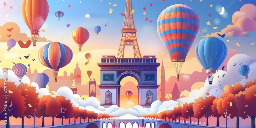 Hot Air Balloons Over Paris With The Eiffel Tower In The Distance