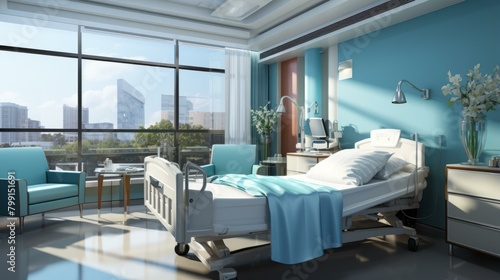 A hospital room with a bed, a chair, and a table