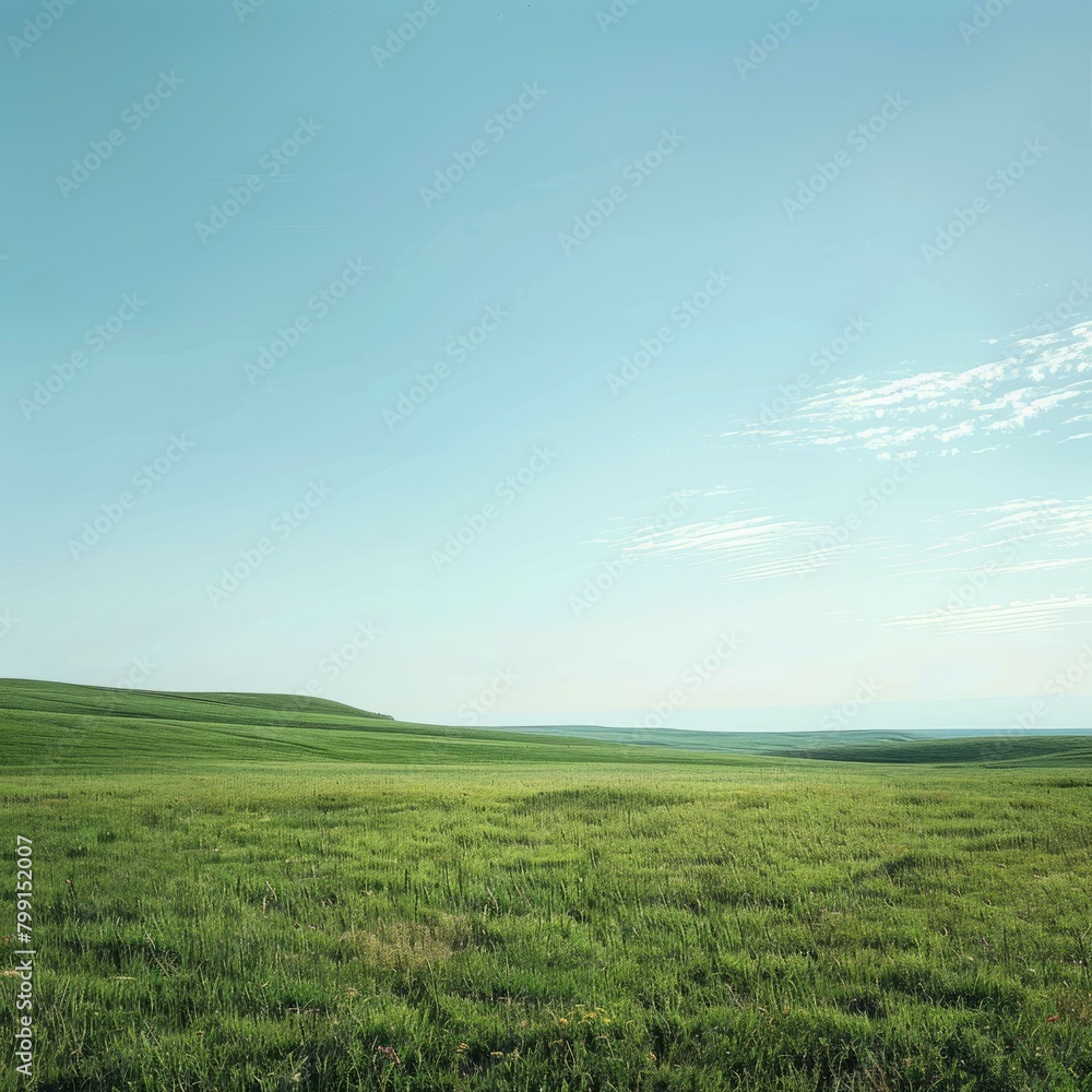 Vast green grassy field under blue sky