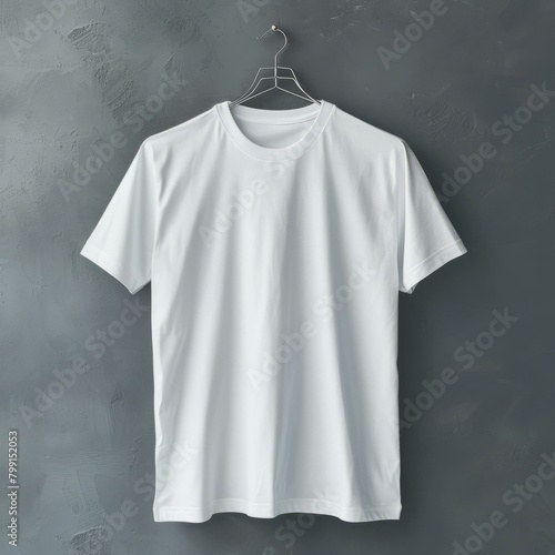 White T-shirt hanging on a hanger on a gray background