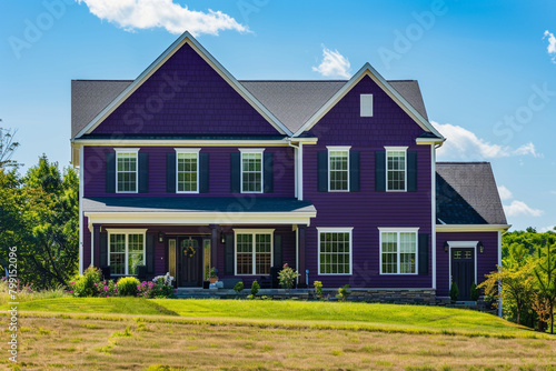 An elegant eggplant purple house with siding, nestled on a large lot in a quiet neighborhood, showcasing traditional windows and shutters, under a bright, clear sky.