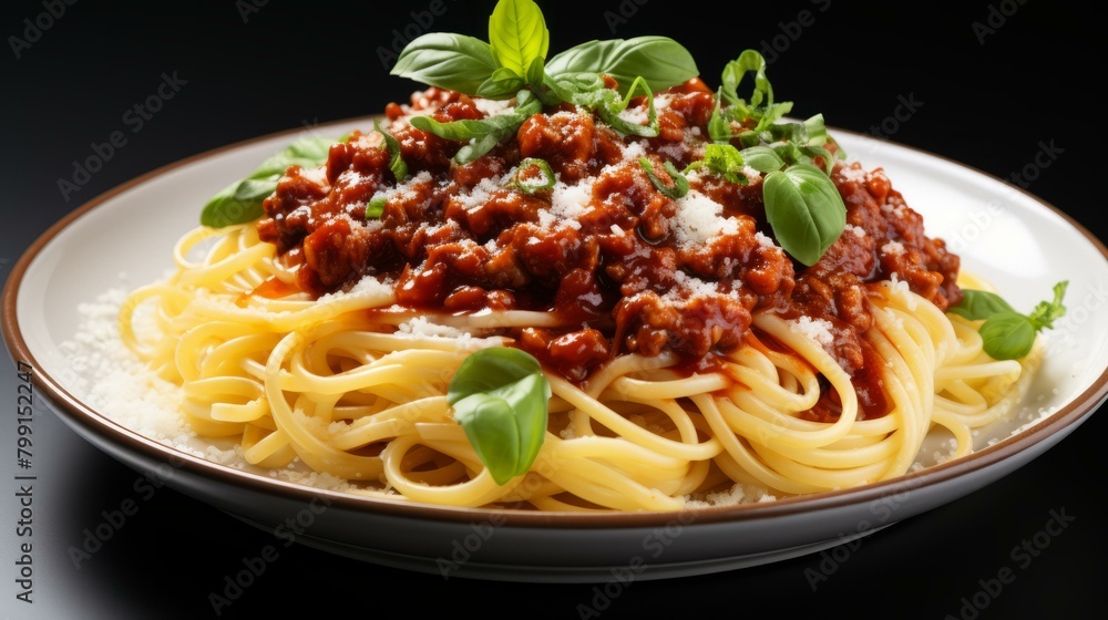 A plate of spaghetti with tomato sauce and basil A plate of spaghetti with tomato sauce and basil