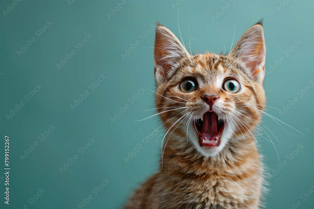 A cute orange cat is singing happily, facing the camera, with a solid color background and highdefinition photography style. Created with Ai