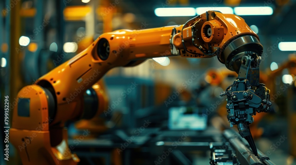 Arm of assembly robot functioning inside modern factory, Stuttgart, Germany Arm of assembly robot functioning inside modern factory, Stuttgart, Germany