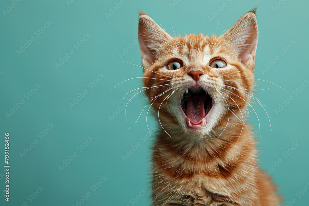 Photo of happy ginger cat meowing, solid turquoise background. Created with Ai