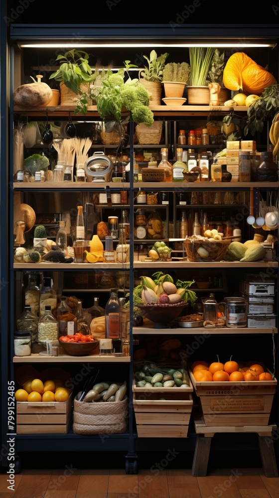 An Abundance of Fresh and Preserved Food in a Modern Kitchen Pantry