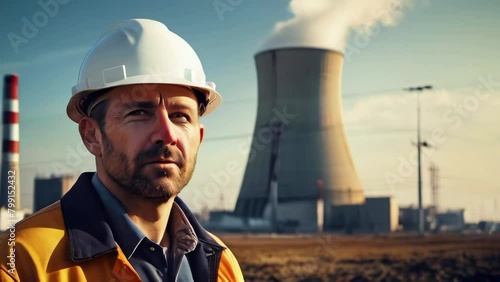 Portrait of worker in helmet and uniform against backdrop of nuclear power plant on sunny day. photo
