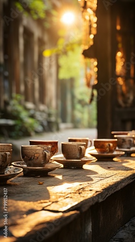 A row of ceramic cups on a wooden table in the morning sun
