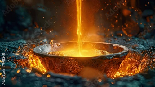 Nickel smelting furnace spewing molten metal and sparks. Concept Metal smelting, Industrial processes, Molten metal, Sparks, Furnaces
