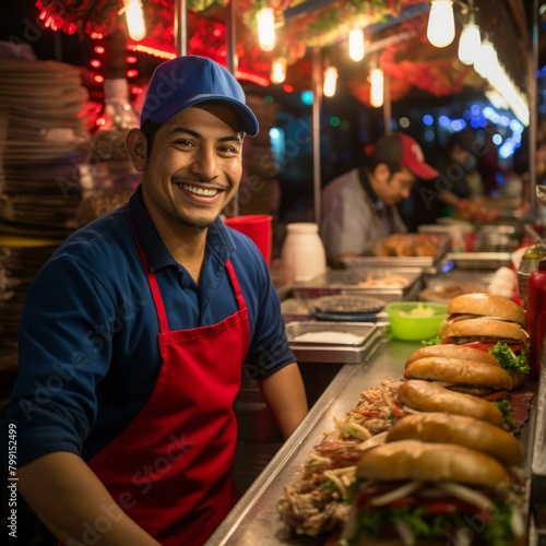 Portrait of a Mexican street food vendor smiling at the camera.