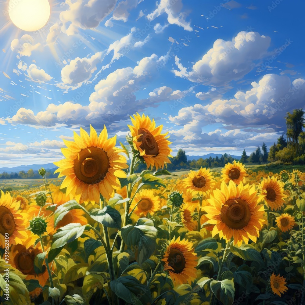 Bright yellow sunflowers towering in a field, their faces turned towards the sun in a vibrant display
