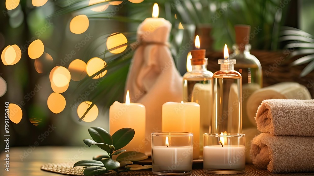 Beautiful spa composition on massage table in wellness center, Generative AI, Beautiful spa composition on massage table in wellness center, Generative AI,
