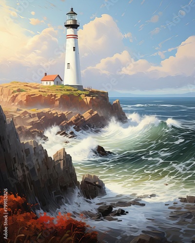 Bright white lighthouse standing tall on a rugged coastline, waves crashing against the rocks below