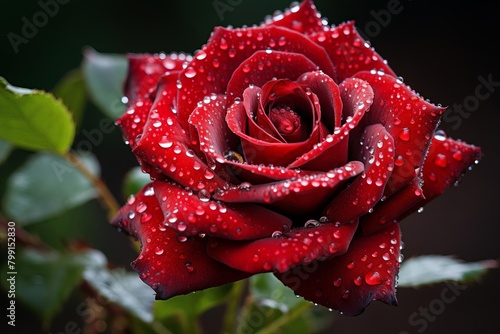 Closeup of a red rose with dewdrops on its petals  deep and rich against a soft  blurred green background