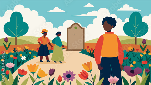 Surrounded by blooming wildflowers a historical marker is dedicated to the spot where a former slave now a free man addressed a crowd on the first. Vector illustration