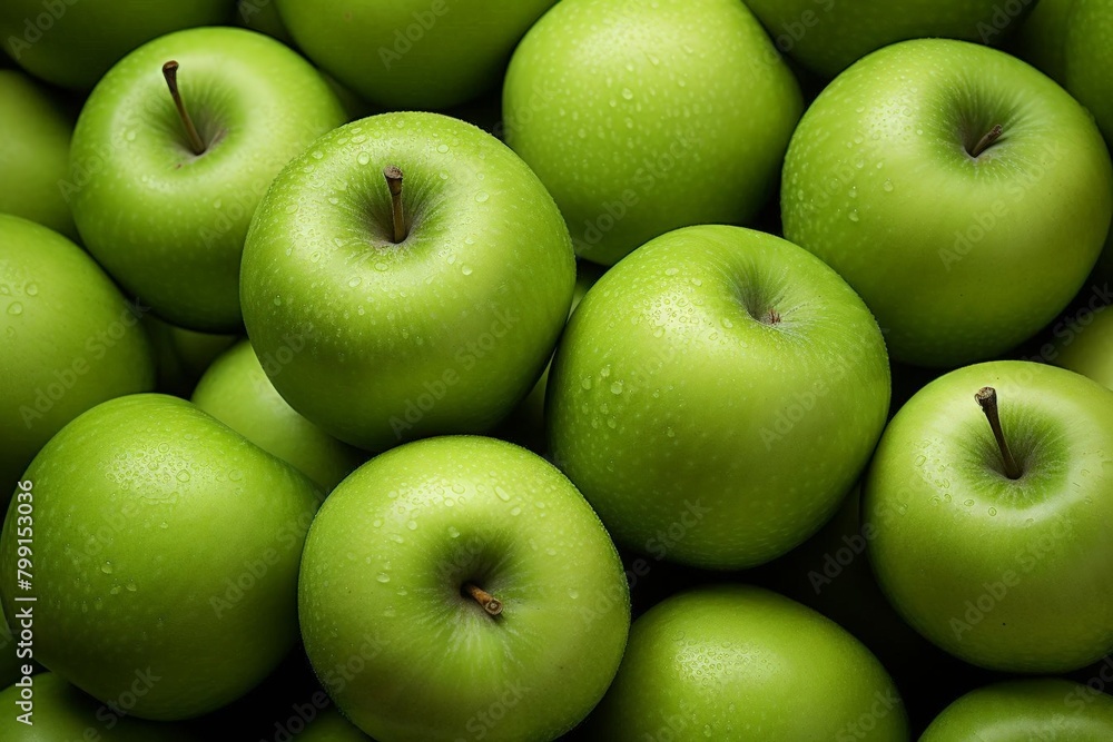 Green apples arranged neatly in a market stall, their fresh, crisp appearance tempting passersby Green apples arranged neatly in a market stall, their fresh, crisp appearance tempting passersby