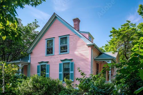 An inviting salmon pink house surrounded by lush greenery, its pale blue siding providing a refreshing contrast to the traditional windows and shutters. 