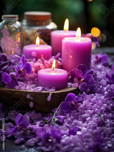 Handmade violet candles arranged on a spa table  their soothing aroma enhancing a relaxing ambiance