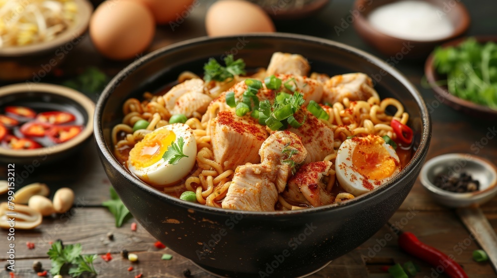 Bowl of noodles with delicious meat and eggs