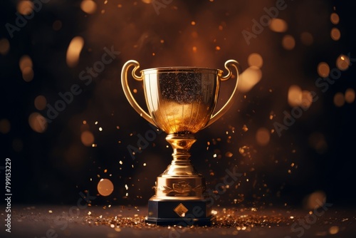 Image of gold cup, concept for winning or success. Champions award, sport victory, winner prize concept. Competition success, first place, best win symbol. High quality photo